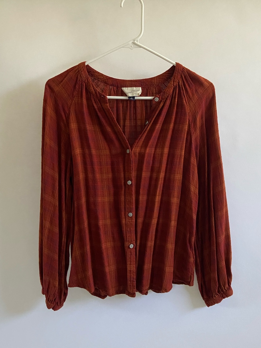 Universal Thread Rust Plaid Button-Down Top